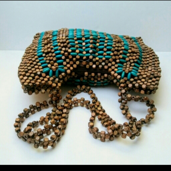 Vintage Wood Bead Handbag, Tote, Purse, 13"x10" - Picture 3 of 4